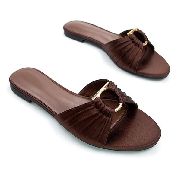 Brown satin gold o ring detail sandal slides - Picture 2 of 3